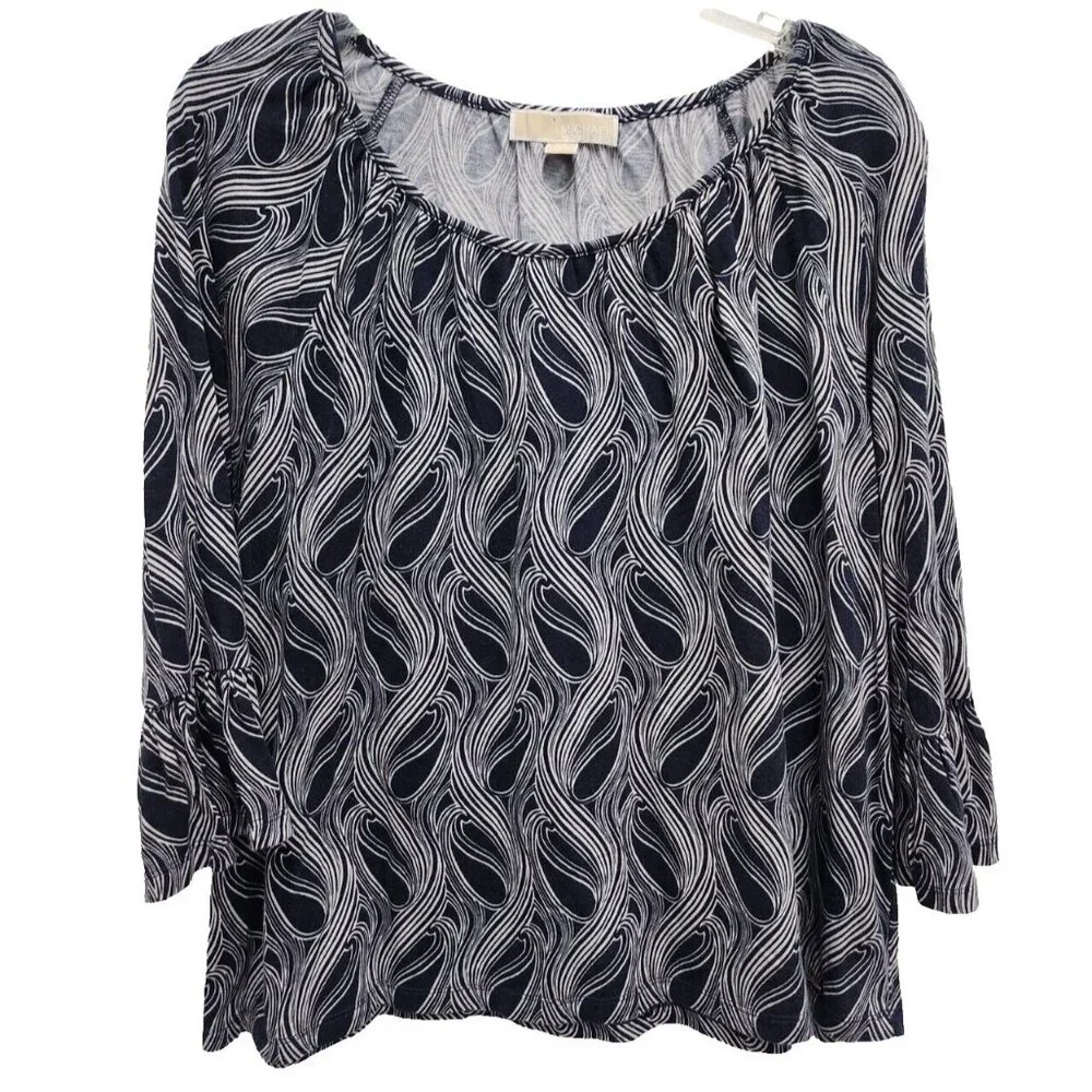 Michael Michael Kors Womens BOHO Artsy Top XL Navy White Abstract‎ Bell Sleeve